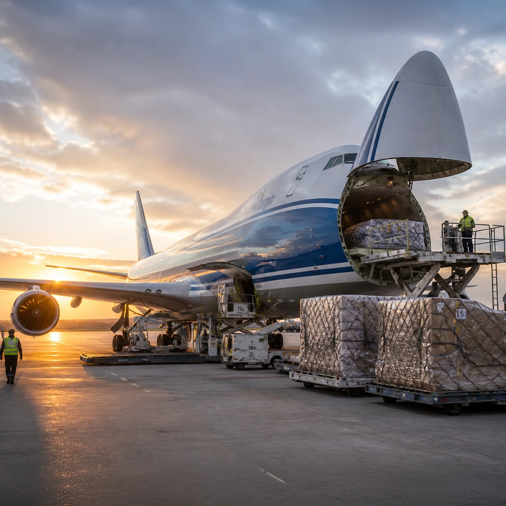Cargo freighter aircraft on the ground ready for loading