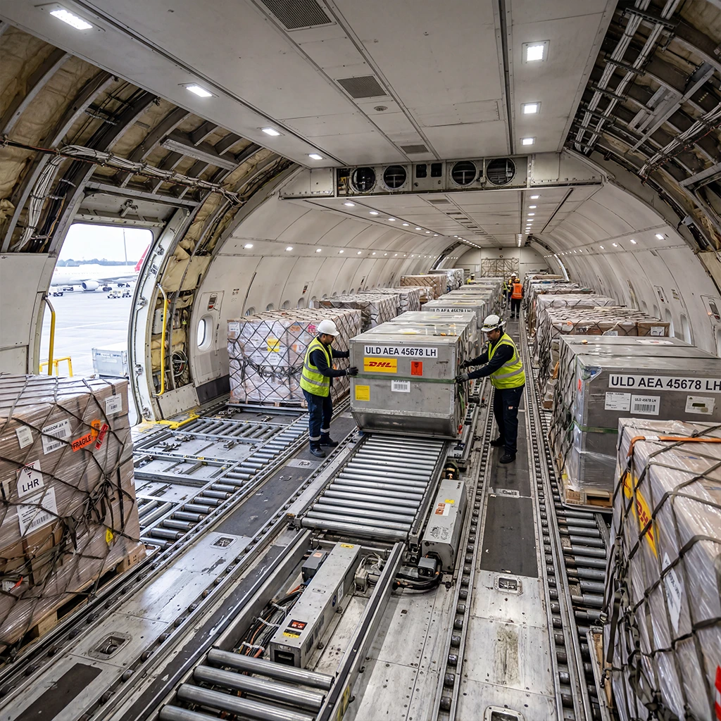 Interior view of a cargo aircraft hold with palletized freight and loading systems