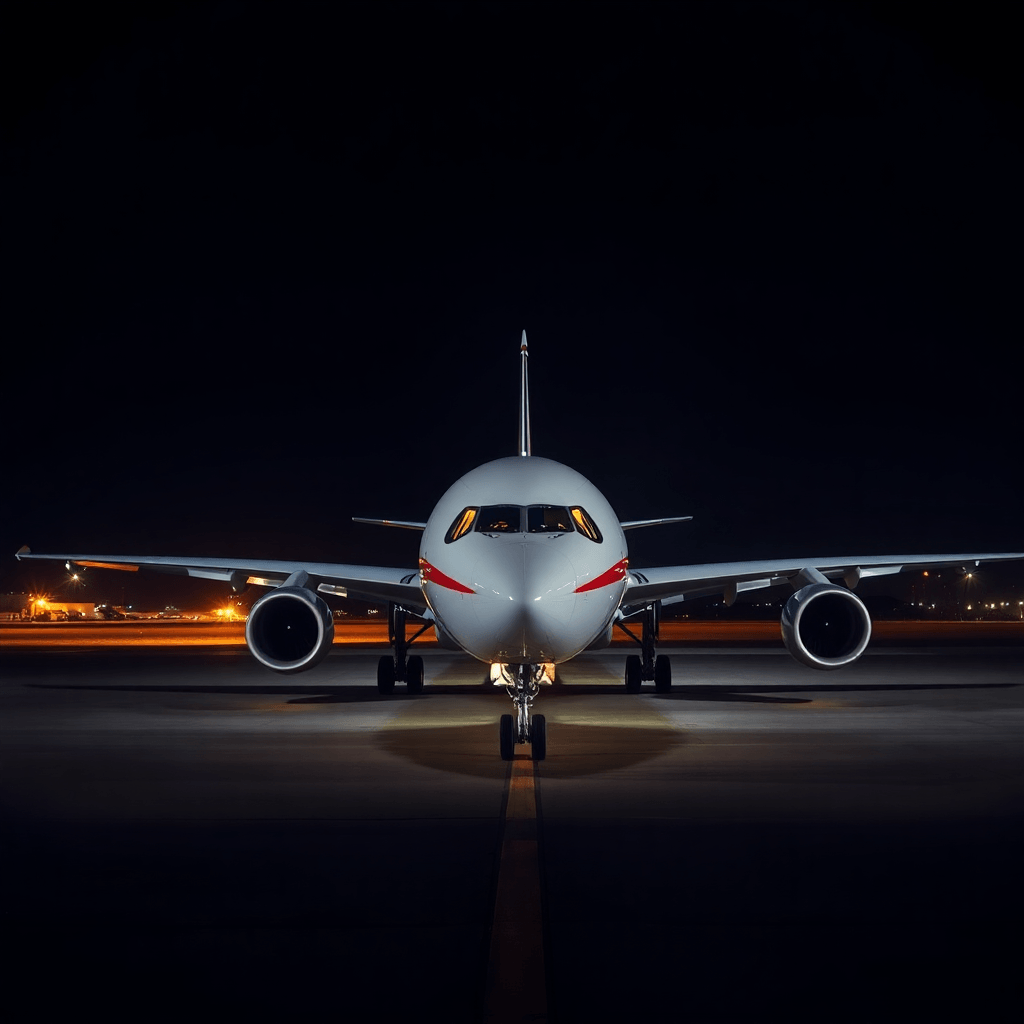A wide body passenger aircraft on tarmac at night, dramatic lighting, government repatriation concept