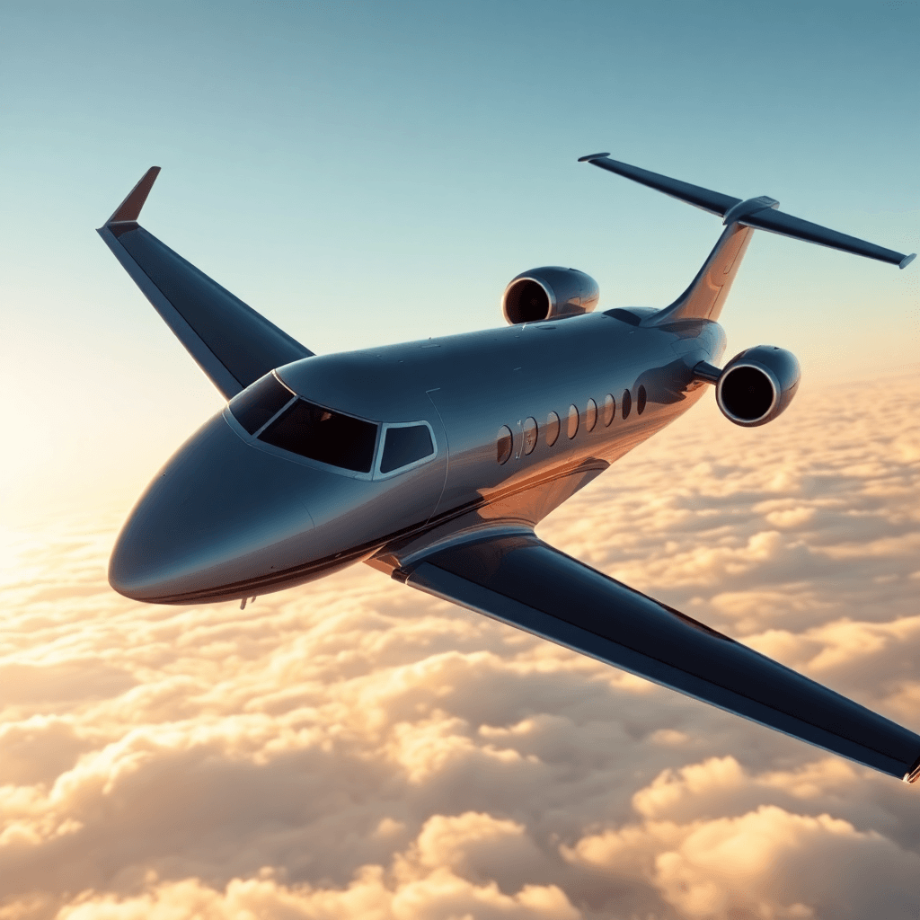 Sleek heavy private jet flying above clouds, corporate executive travel concept, warm sunlight