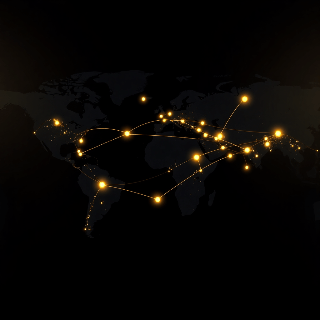 A highly stylized, modern digital world map with glowing dots and connection lines representing flight paths, dark theme with yellow/gold accents, professional aviation logistics concept