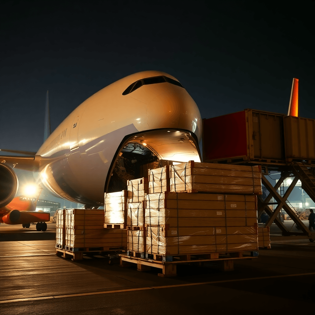Large cargo freighter aircraft being loaded with pallets at night, industrial logistics concept