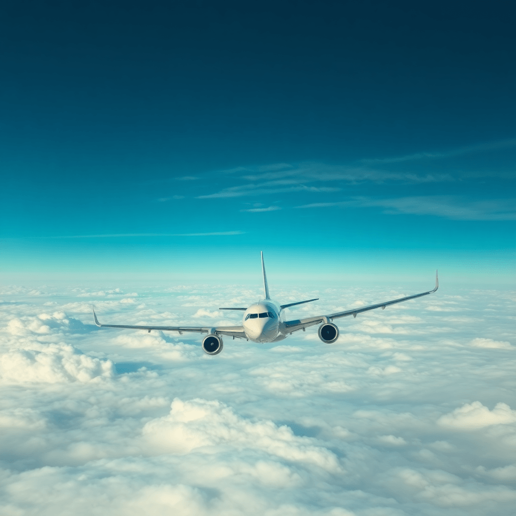 Wide-Body commercial jet airliner in flight above clouds, dark cinematic style