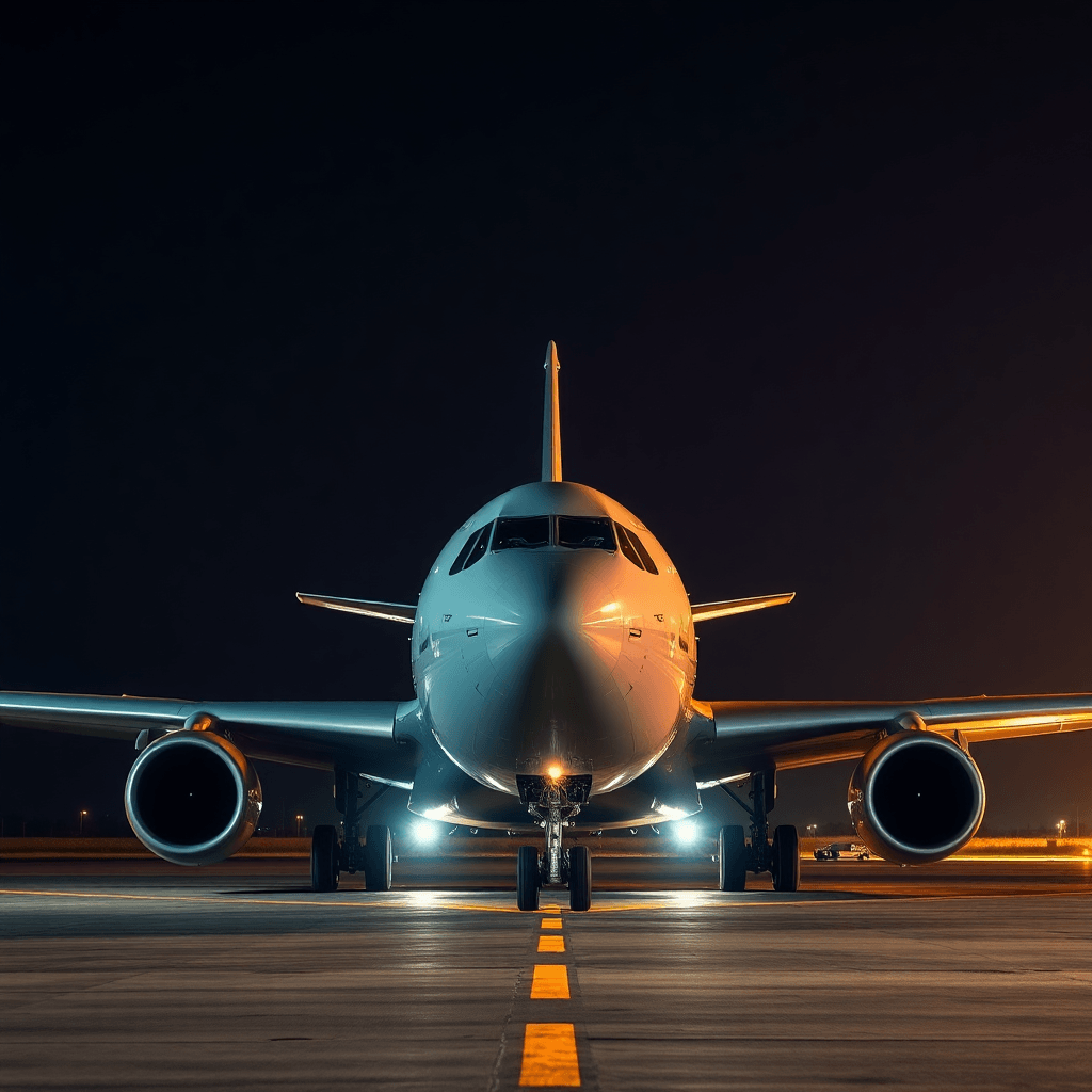 Military or government transport aircraft on tarmac at night, dramatic lighting, highly detailed