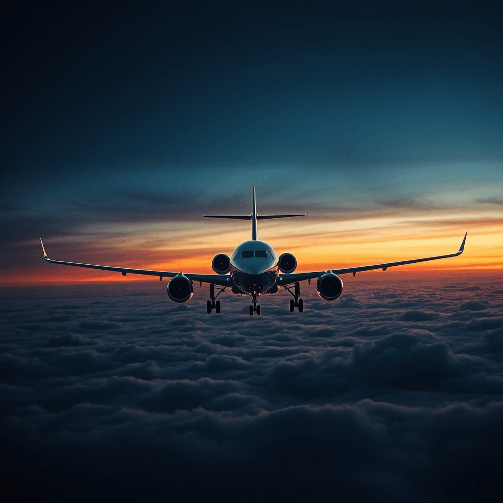 Aviation charter landing page, dark mode, high quality image of a large commercial or private jet flying above clouds at sunset, cinematic lighting, realistic