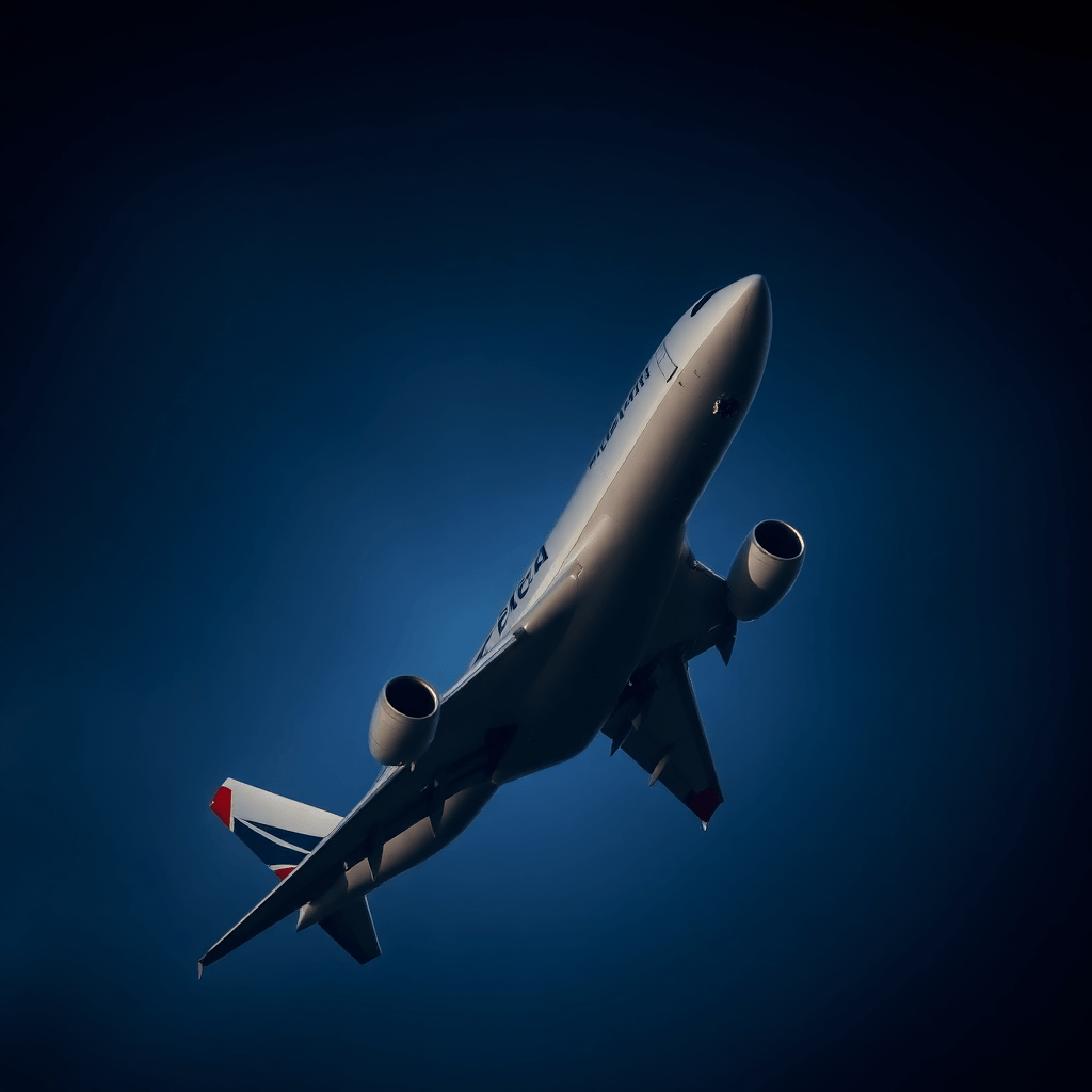 Large cargo freighter aircraft in flight, dark aviation photography