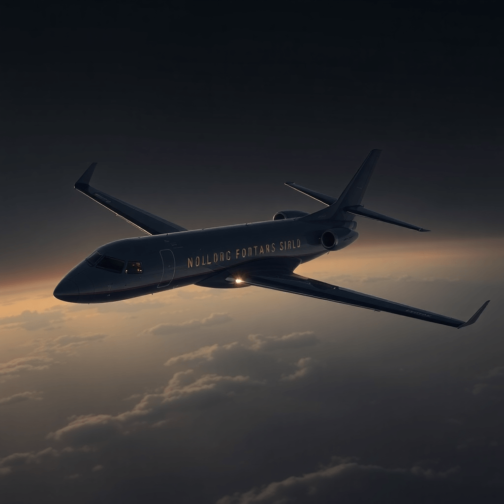 Narrow-Body commercial jet aircraft in flight, dark moody lighting, realistic
