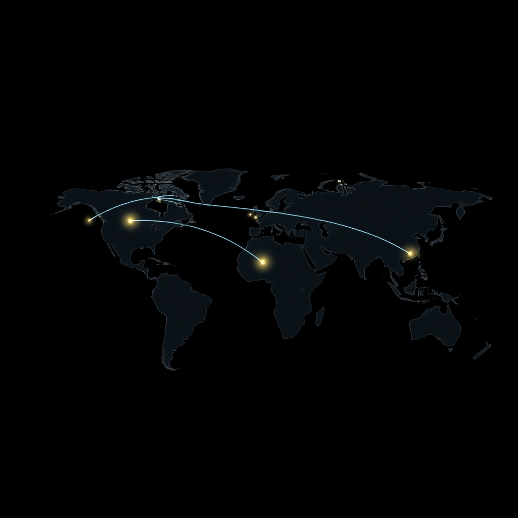 Dark UI map showing flight routes globally, minimalist aviation tracking style map with glowing nodes