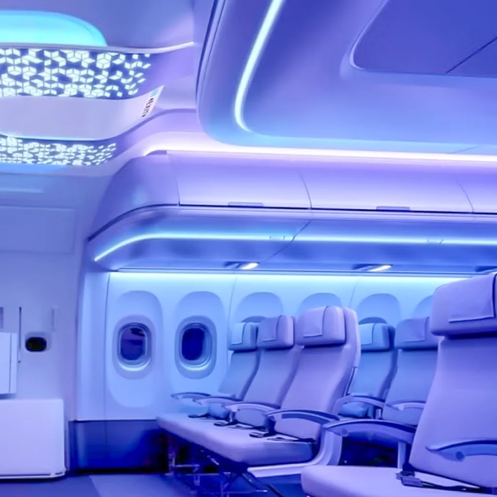 Interior view of a premium narrow-body aircraft cabin with business-class style seating