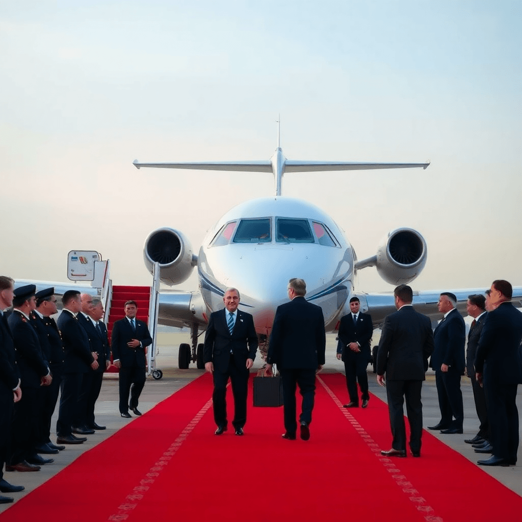 Diplomatic or government aircraft arriving, red carpet or formal setting, professional government operations context.