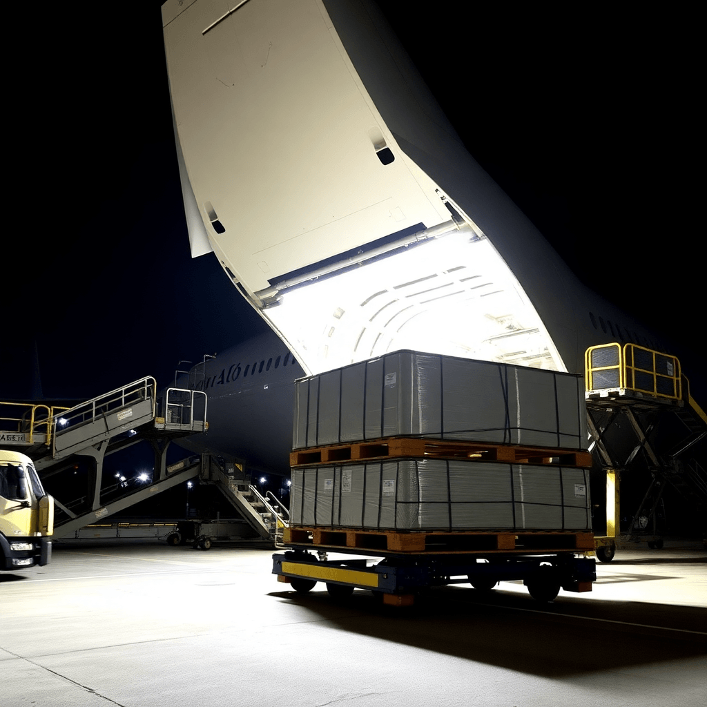 Cargo pallets being loaded onto a heavy freighter aircraft at night, industrial lighting, logistics focus.