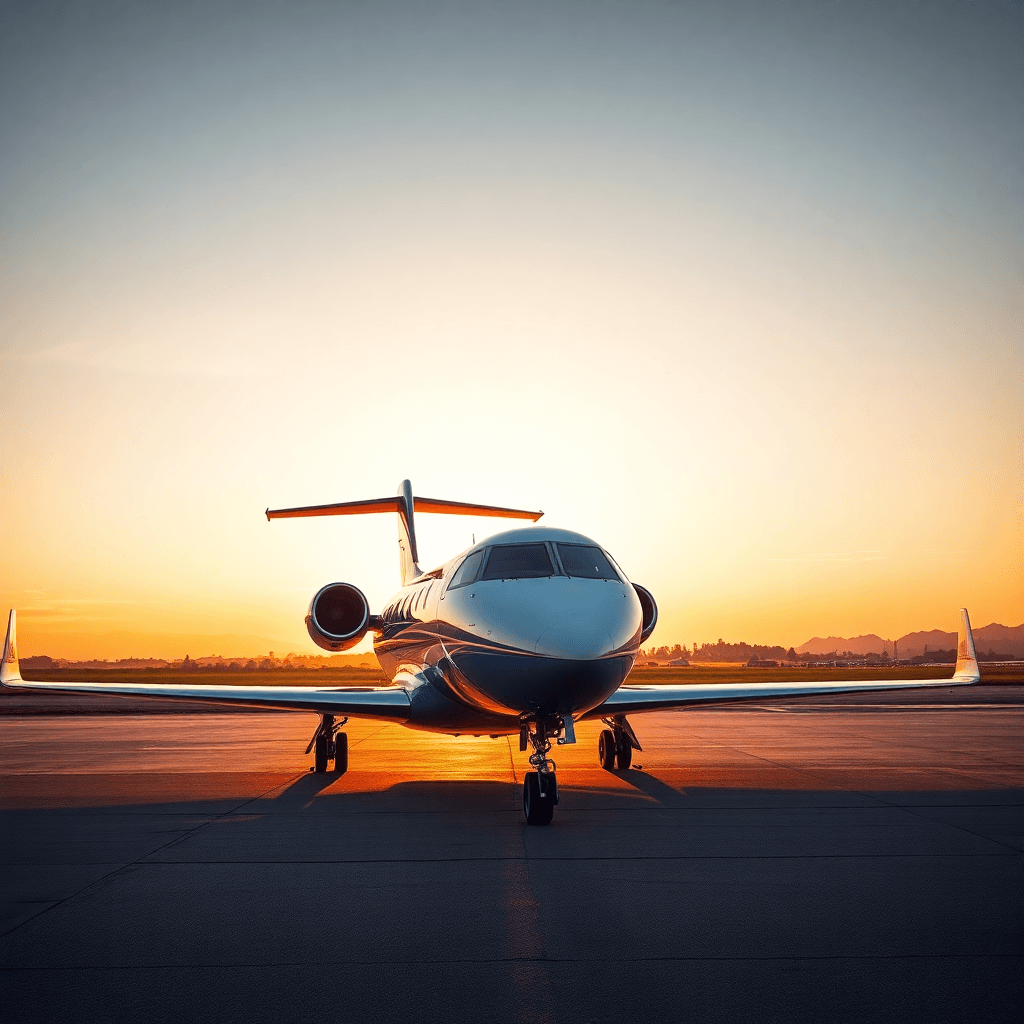 Professional high-quality photo of a modern private jet parked on a tarmac at sunset, dramatic lighting, corporate aviation theme, sleek and luxurious.