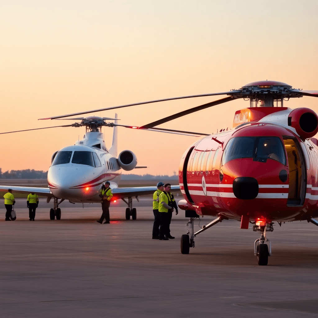 Emergency medical evacuation helicopter or air ambulance jet on tarmac, medical personnel nearby, serious tone.