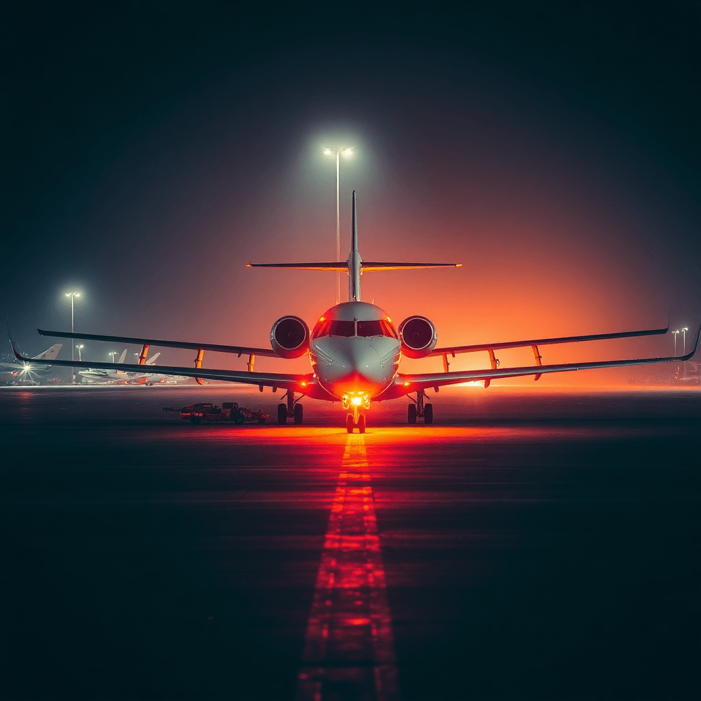 Aircraft on tarmac during a crisis evacuation, rapid deployment, dramatic lighting