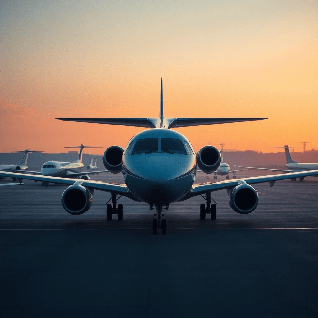 Aviation charter operations background with multiple aircraft types on a tarmac at dawn, moody cinematic lighting