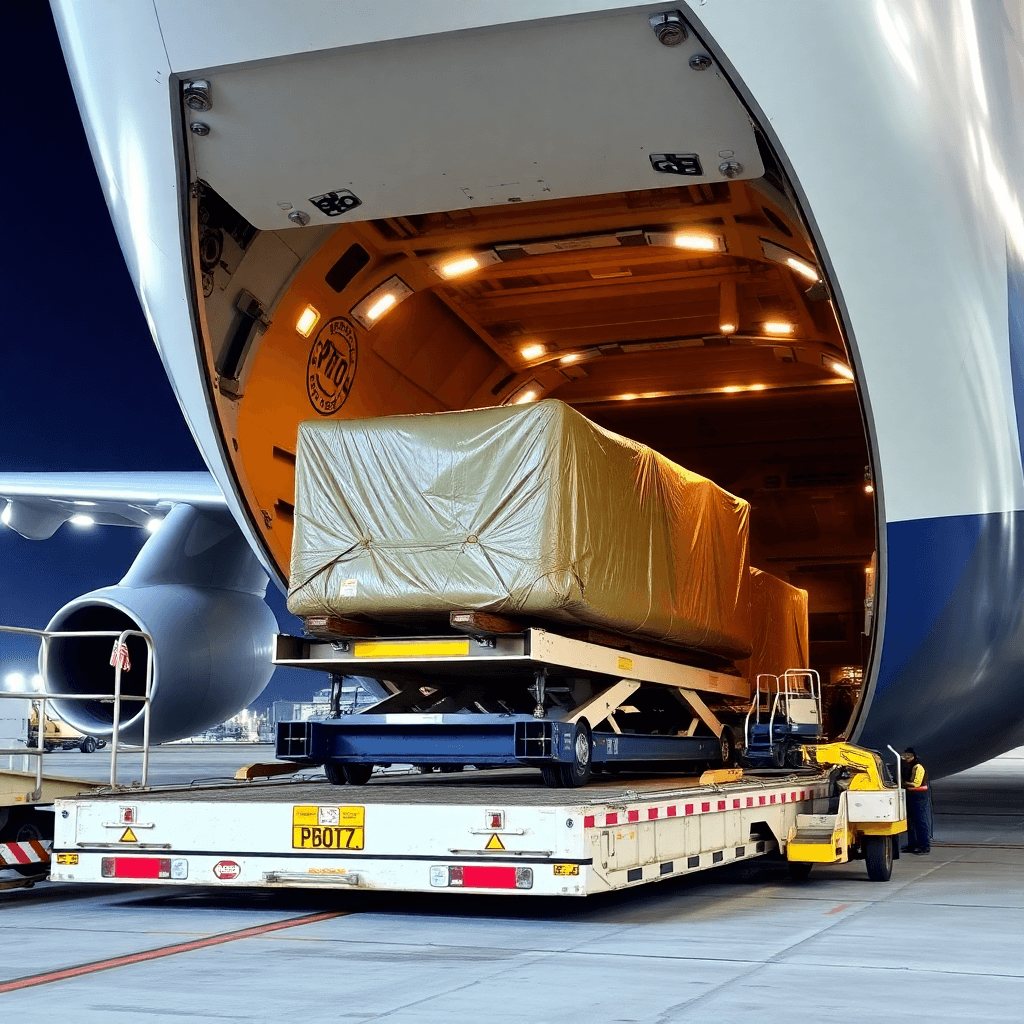 Heavy cargo being loaded into a Boeing 747 freighter nose door, logistics