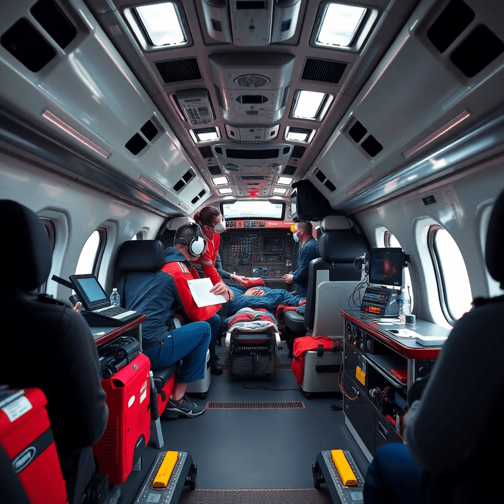 Air ambulance interior with medical equipment and personnel, emergency response