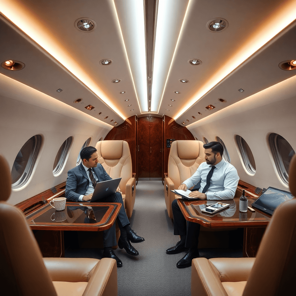 Luxurious private jet interior with executives working, corporate travel