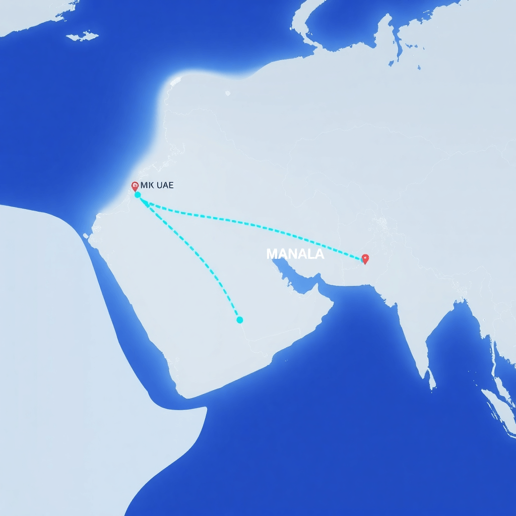 Clean, bright digital map showing flight route from UAE to Manila, light theme, logistics dashboard style map, blue flight path line, professional.