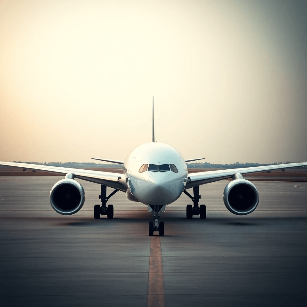 Clean, bright photo of a Boeing 777-300ER parked on tarmac during daytime, professional aviation photography, light theme dashboard style.