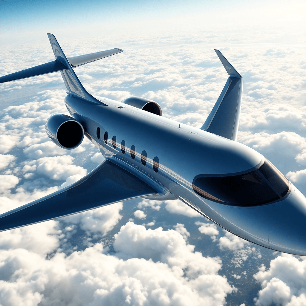 Sleek heavy private jet flying above clouds, corporate executive travel concept, bright daylight, light theme dashboard style.