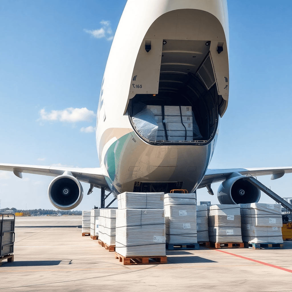 Large cargo freighter aircraft being loaded with pallets, daytime, industrial logistics concept, clean bright style.