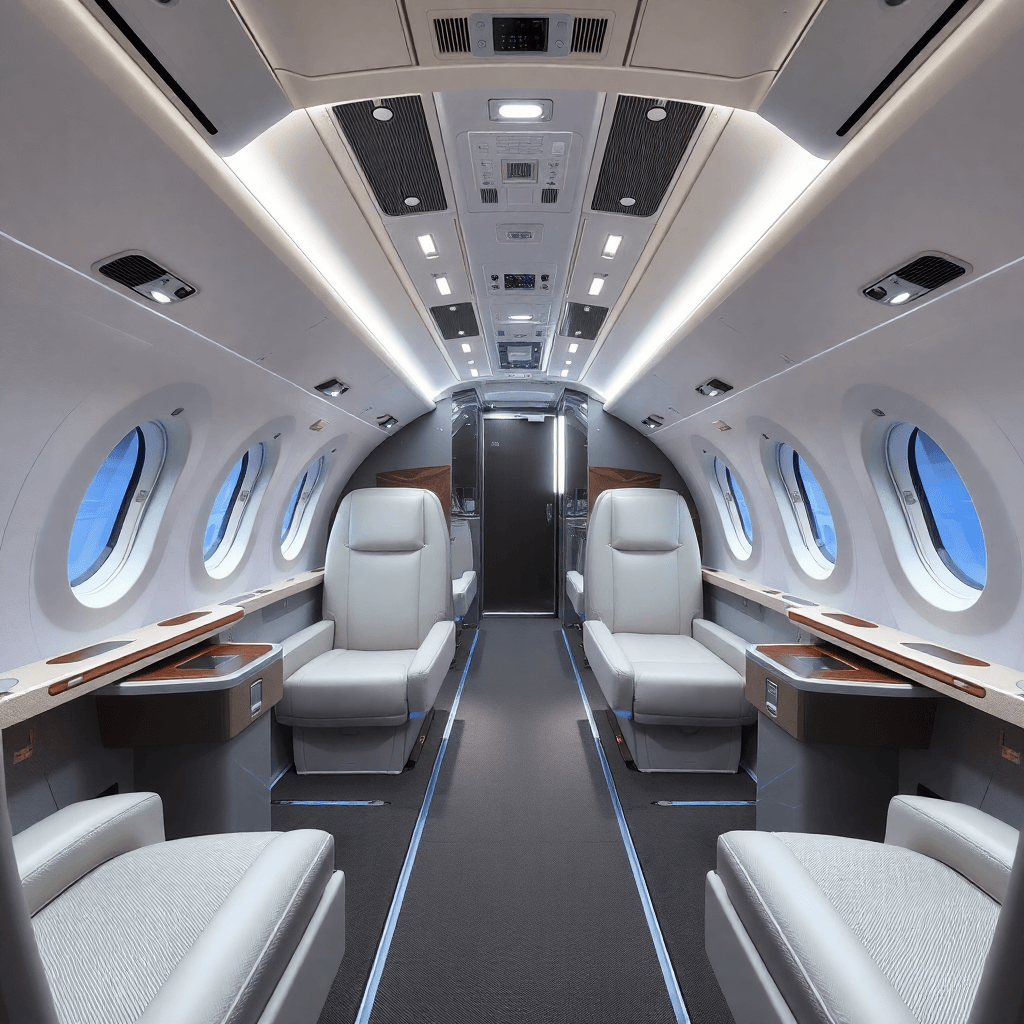 Interior view of a luxurious wide-body aircraft cabin or a sophisticated cargo hold, high-end professional photography, clean lighting