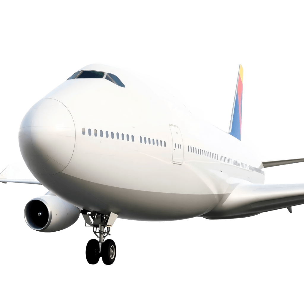 Boeing 747-8F Cargo freighter side profile with nose door open, white background removed, high quality rendering