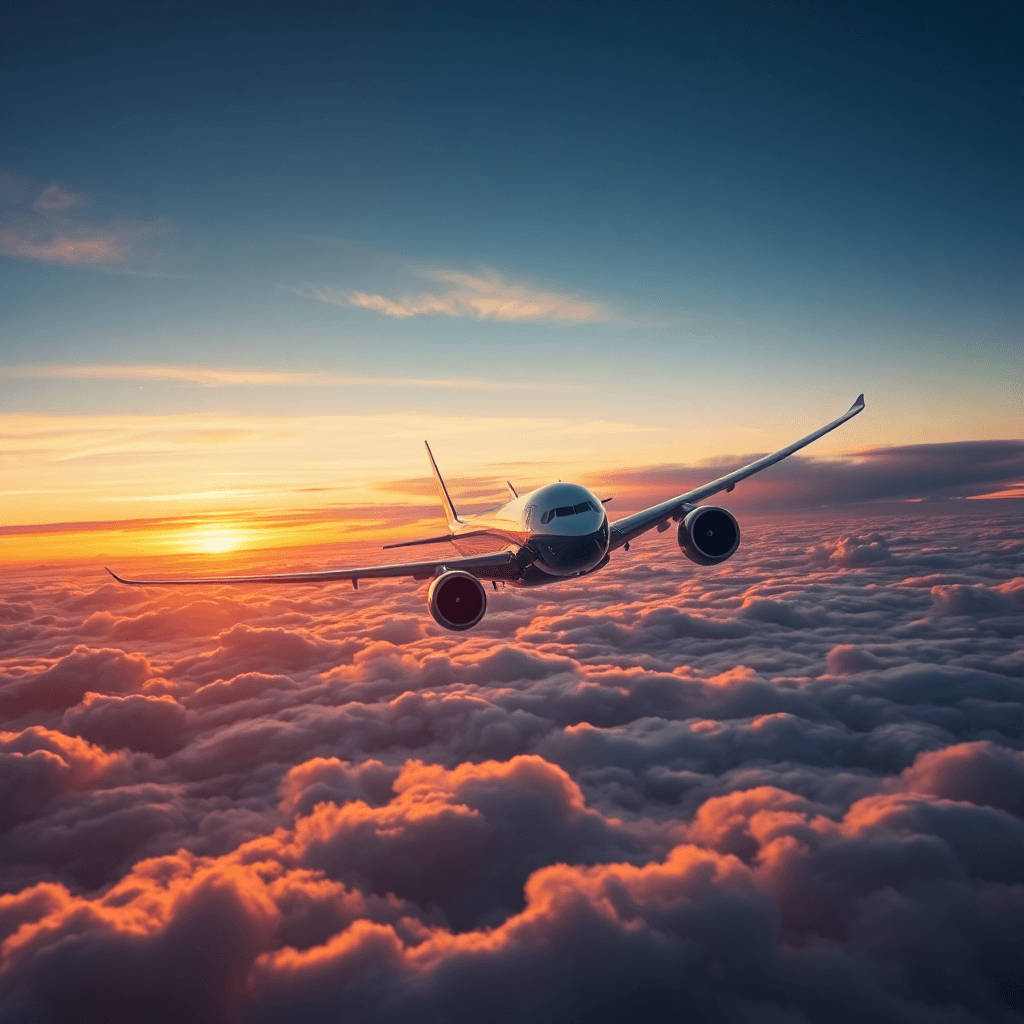 A majestic wide-body aircraft (like a Boeing 777) flying above clouds during sunset, cinematic lighting, professional aviation photography, high resolution