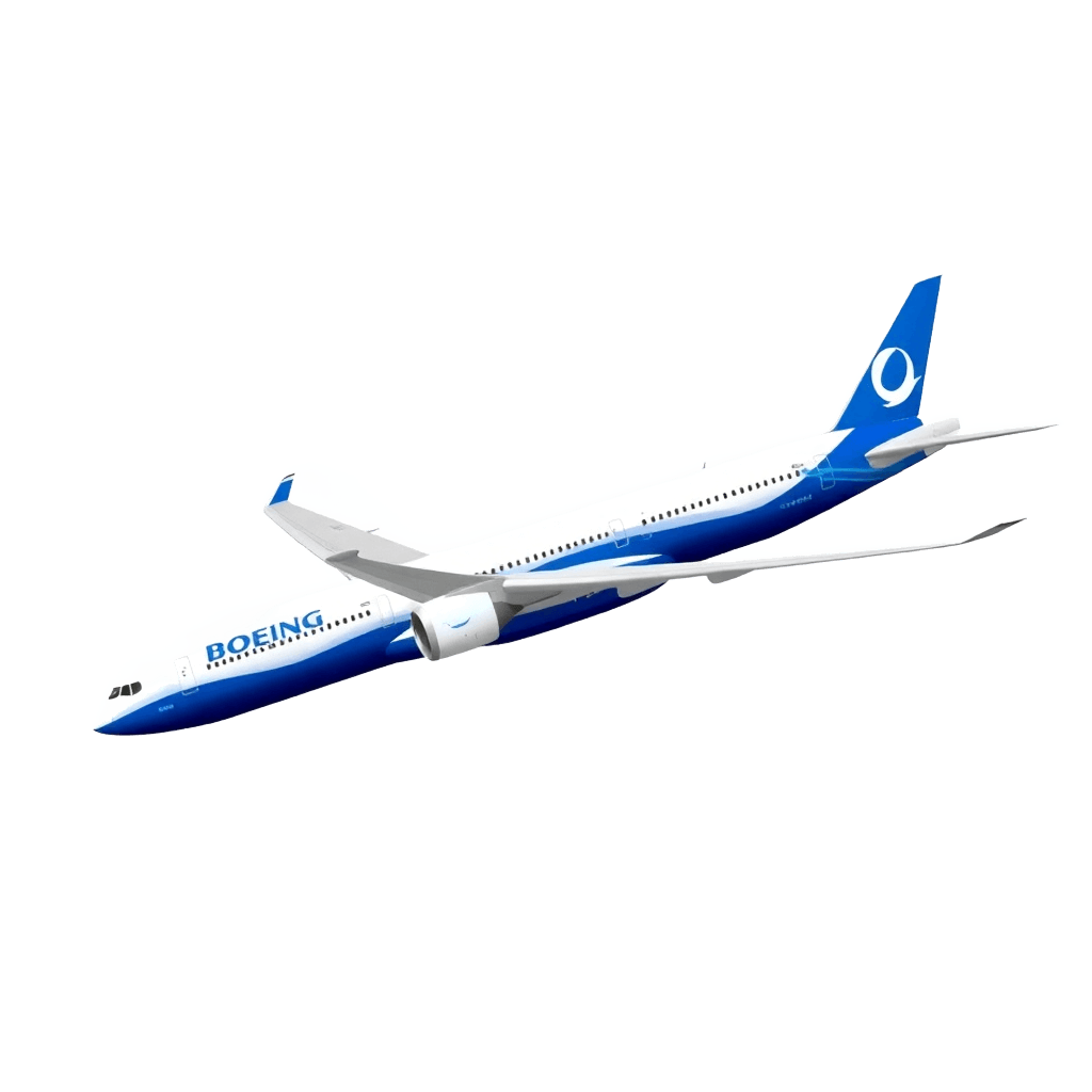 Boeing 777 passenger aircraft side profile, white background removed, high quality rendering
